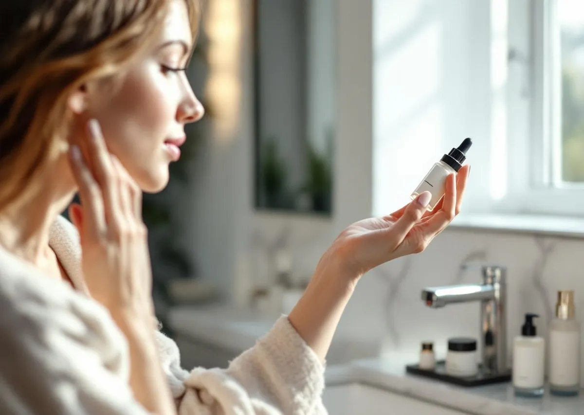 Frau mit Skincare-Serum bei der Gesichtspflege im Badezimmer