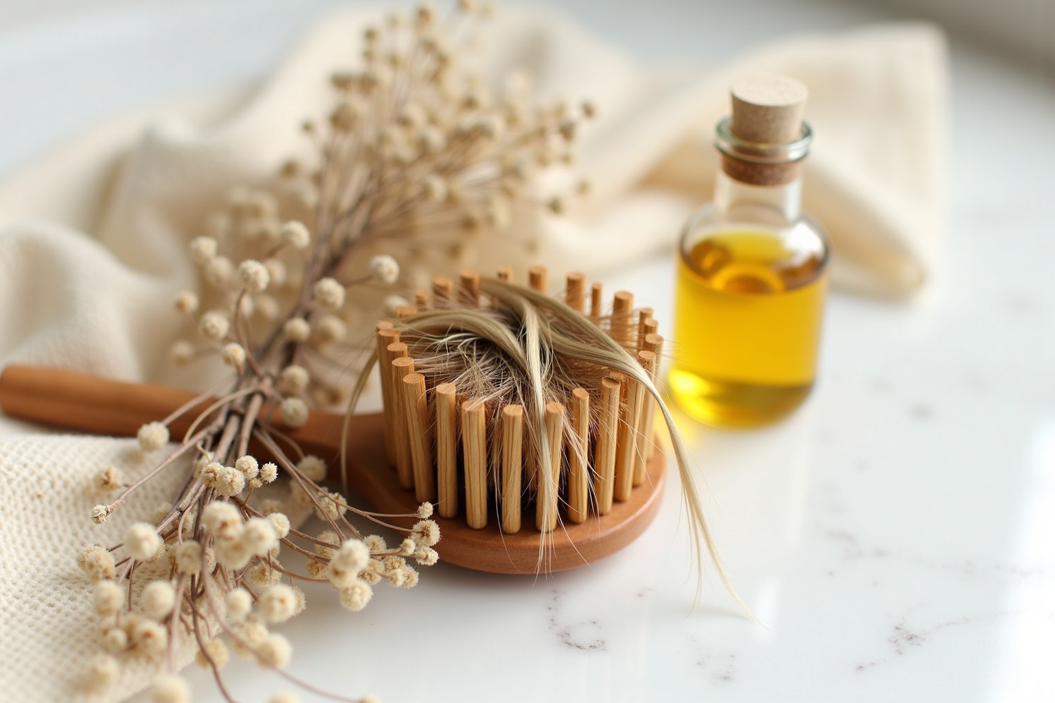 Haarausfall stoppen – Frau untersucht Haarbürste mit Haaren